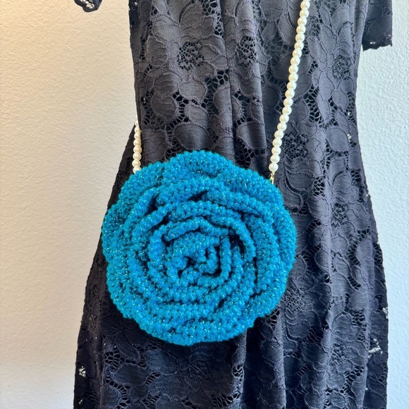 Hand Crocheted Sparkling Blue Rose Purse - Picture 3 of 15